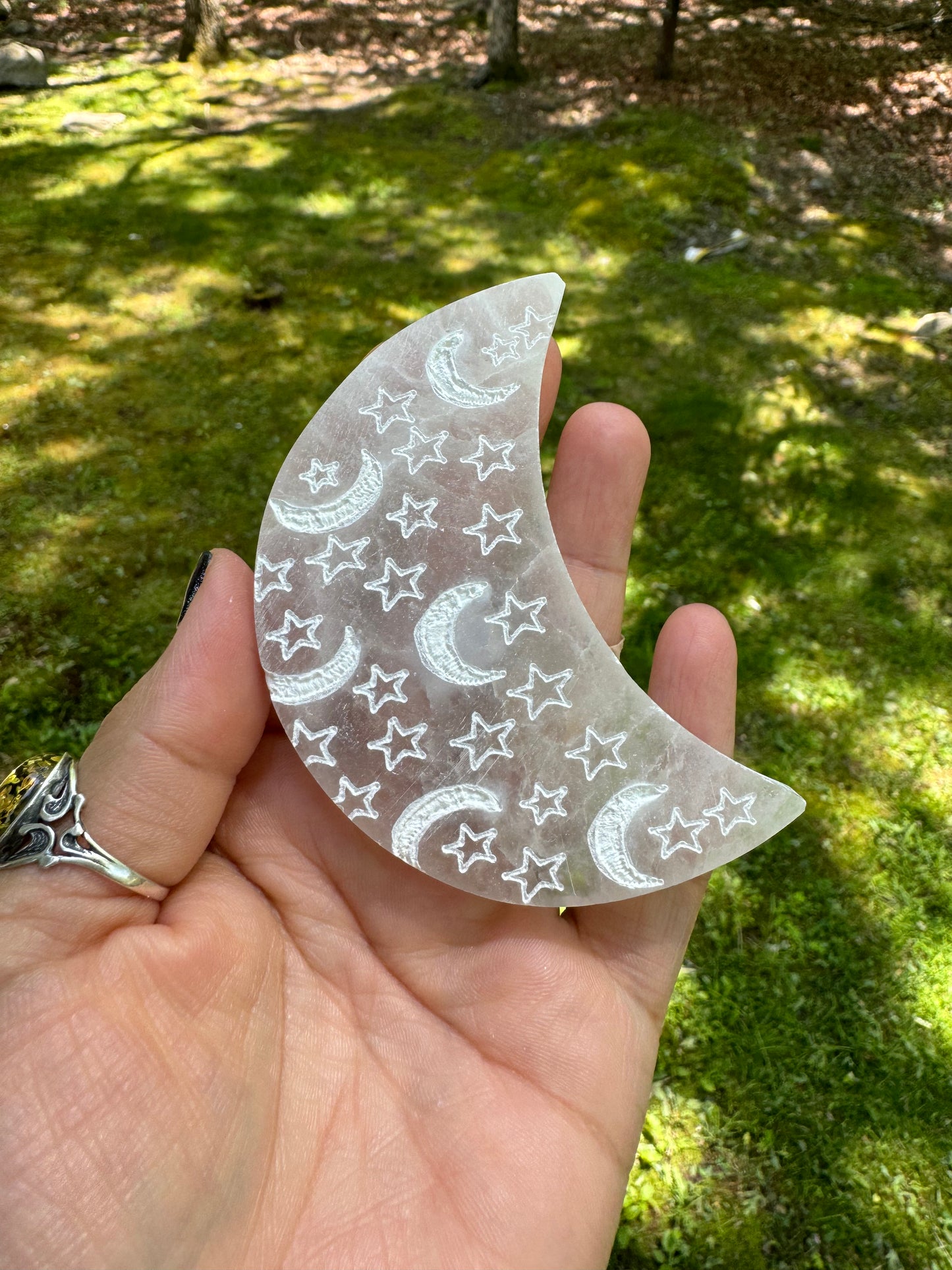Etched selenite moon charging plate