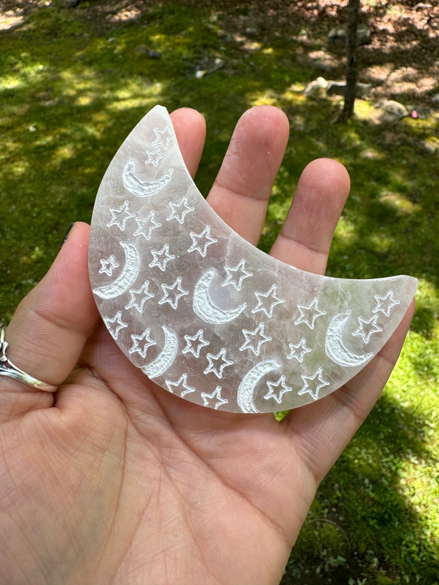 Etched selenite moon charging plate