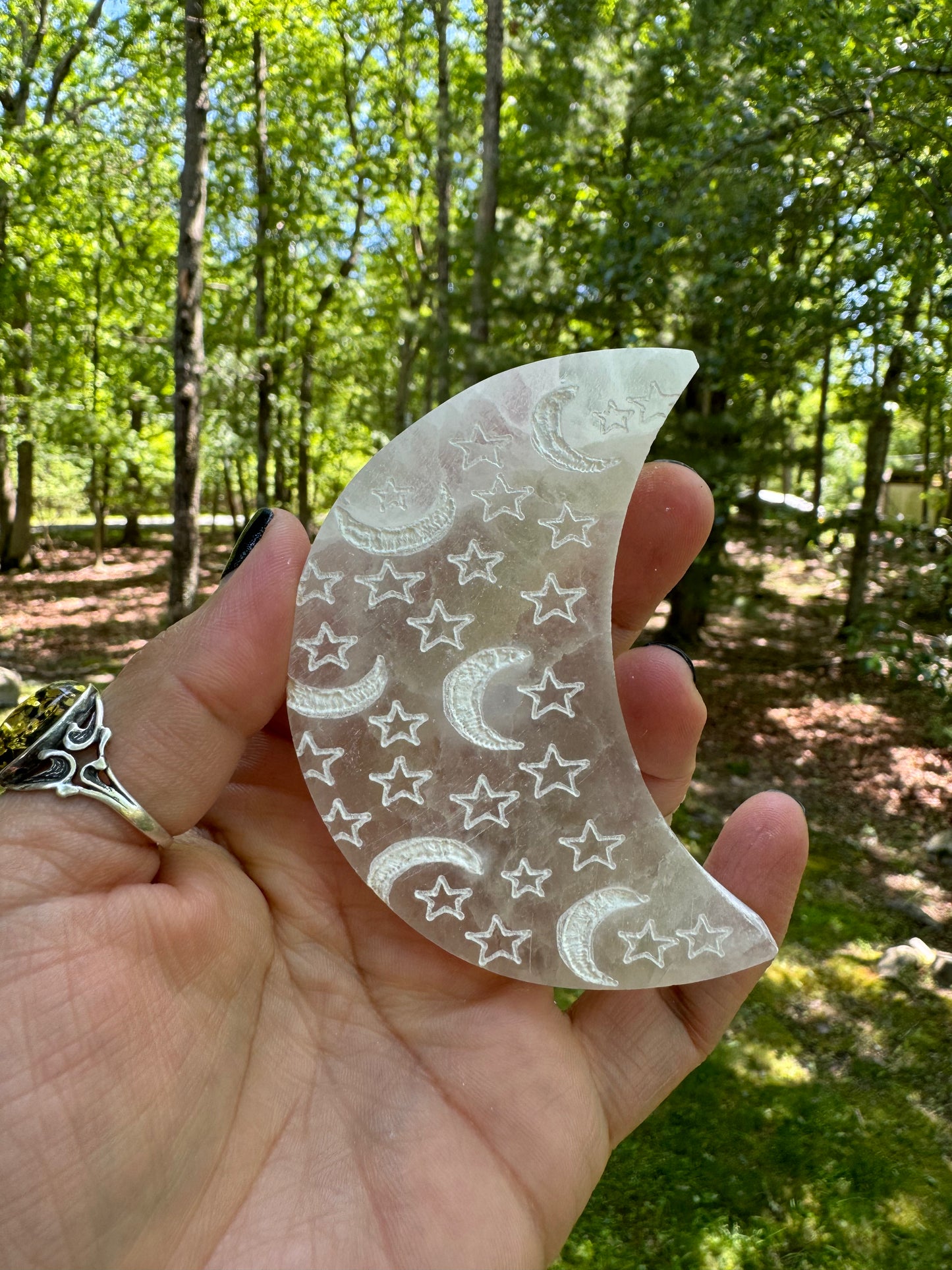 Etched selenite moon charging plate
