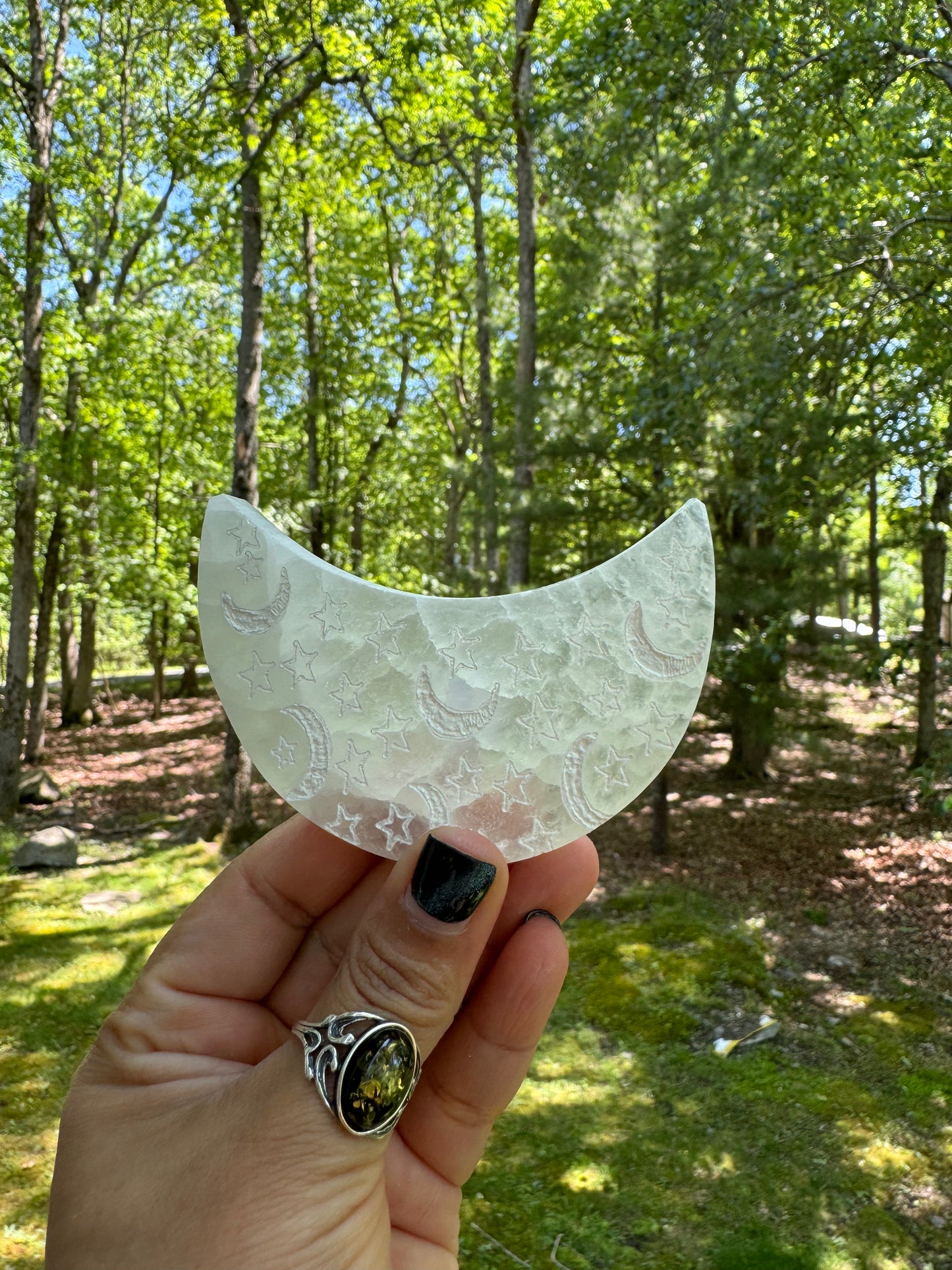 Etched selenite moon charging plate