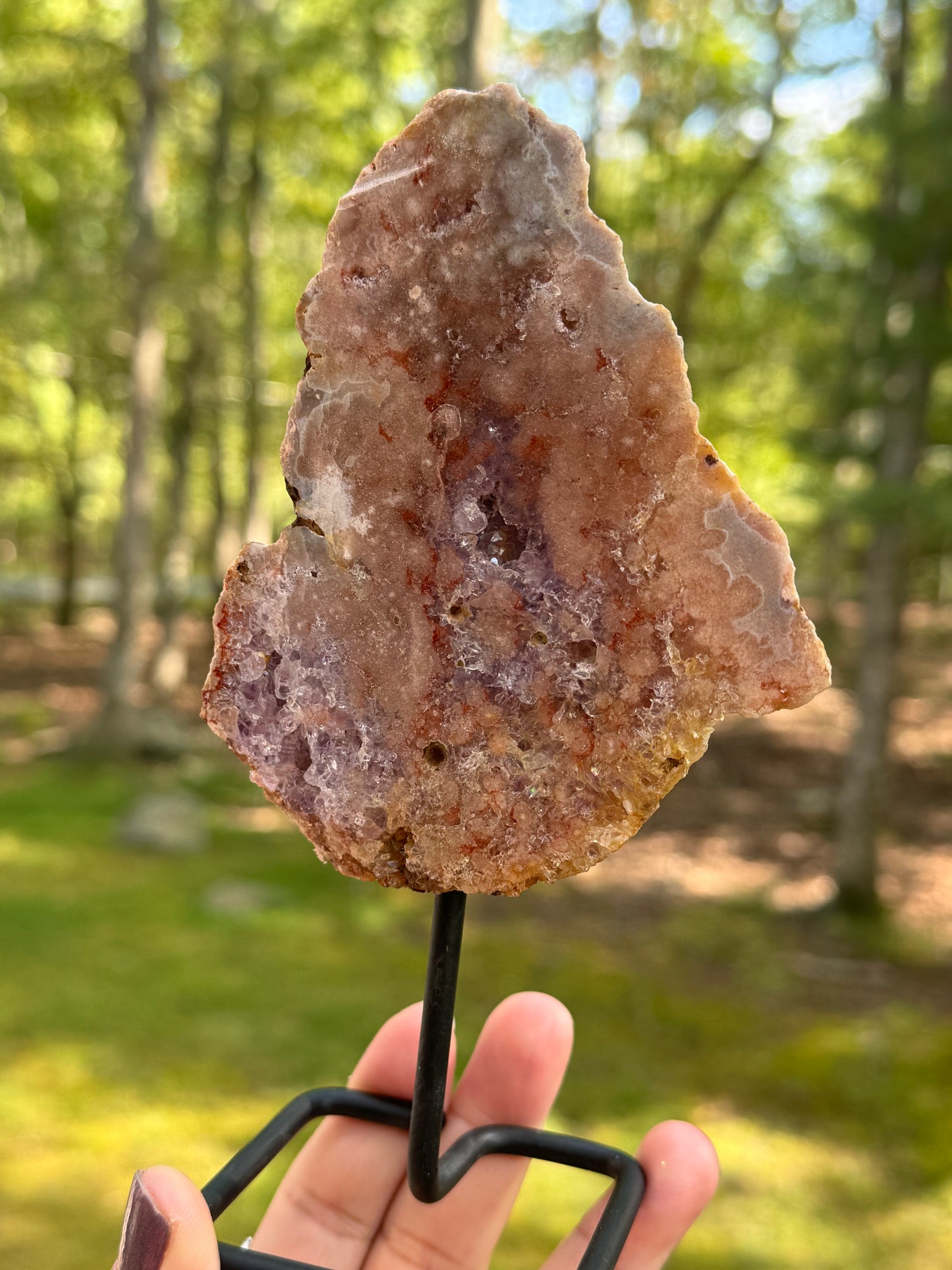 Mounted pink amethyst specimen
