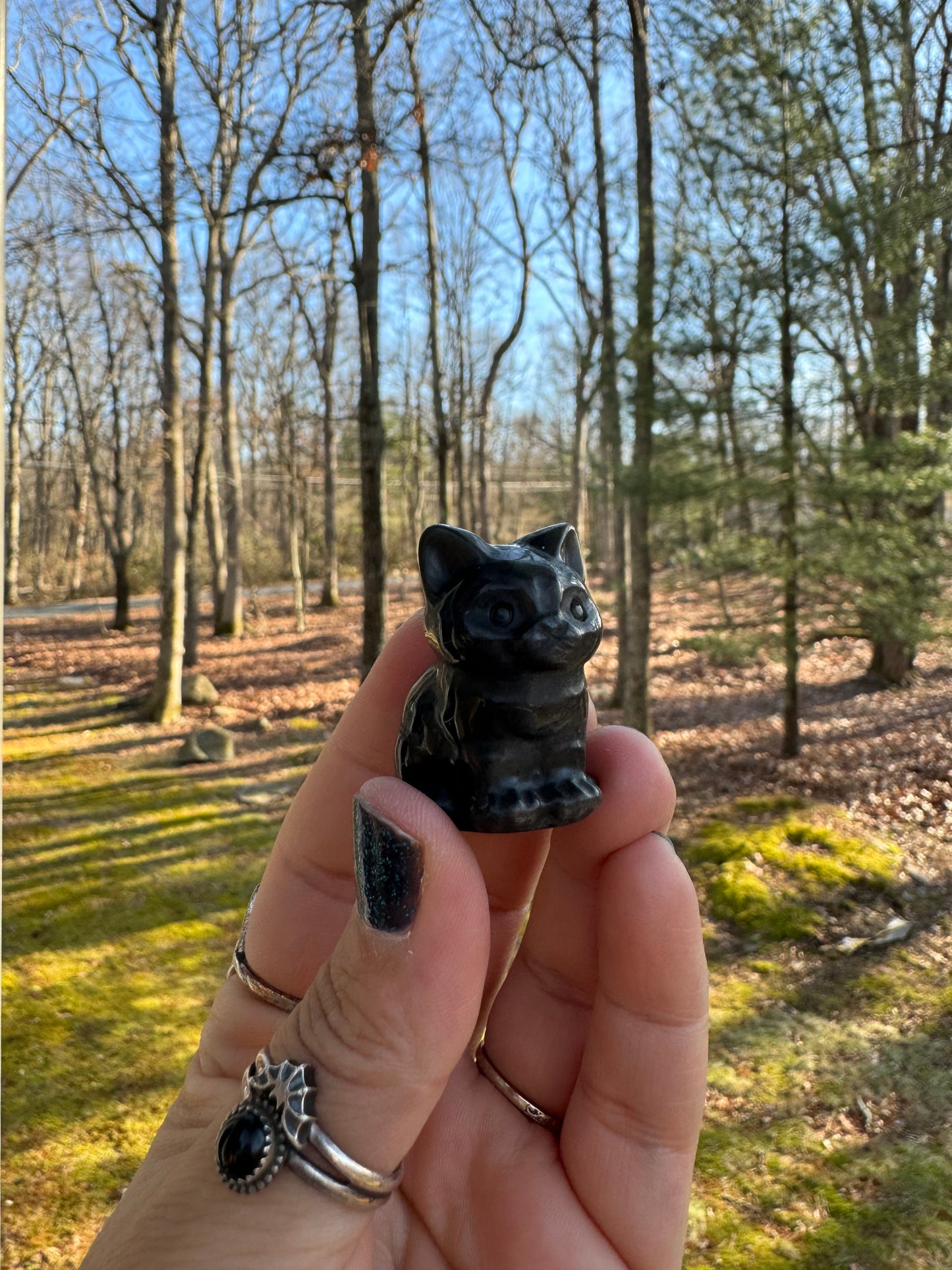 Silver sheen obsidian kitty carving