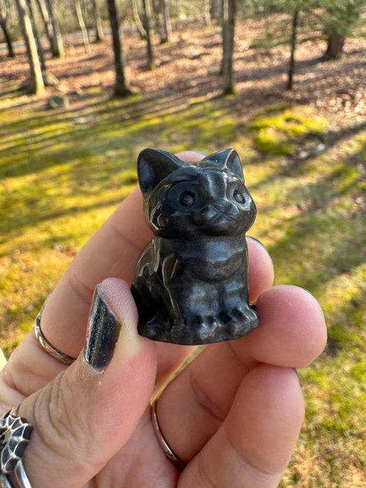 Silver sheen obsidian kitty carving