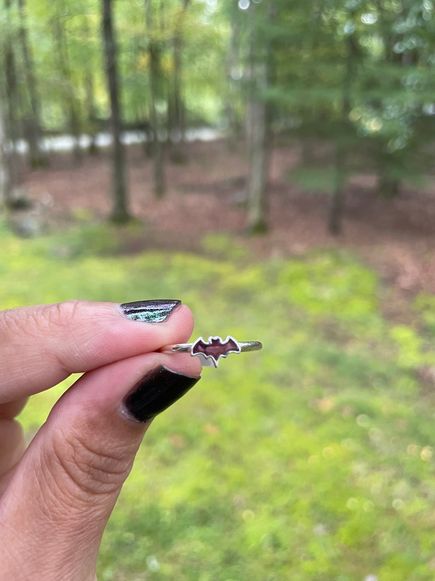 Garnet/sterling silver bat stacker ring