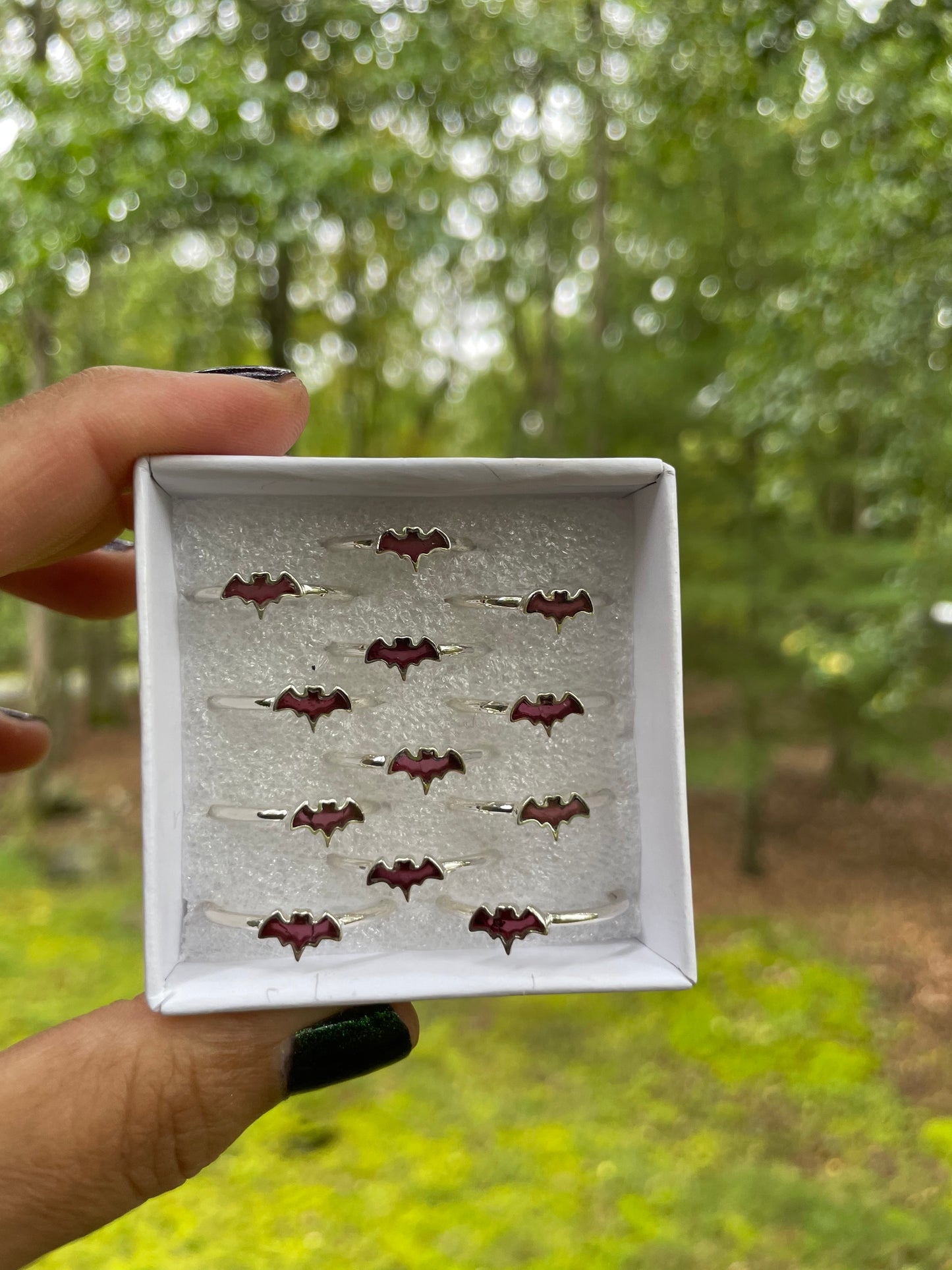 Garnet/sterling silver bat stacker ring